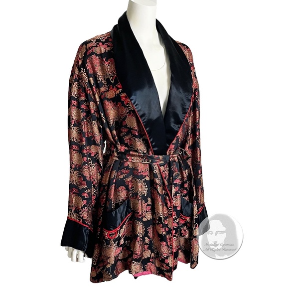 Japanese Robe Black Satin with Metallic Floral Embroidery Vintage Loungewear HTF - Picture 3 of 10